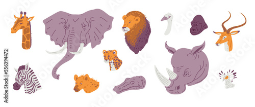 Collection of African animals heads, flat vector illustration isolated on white background.
