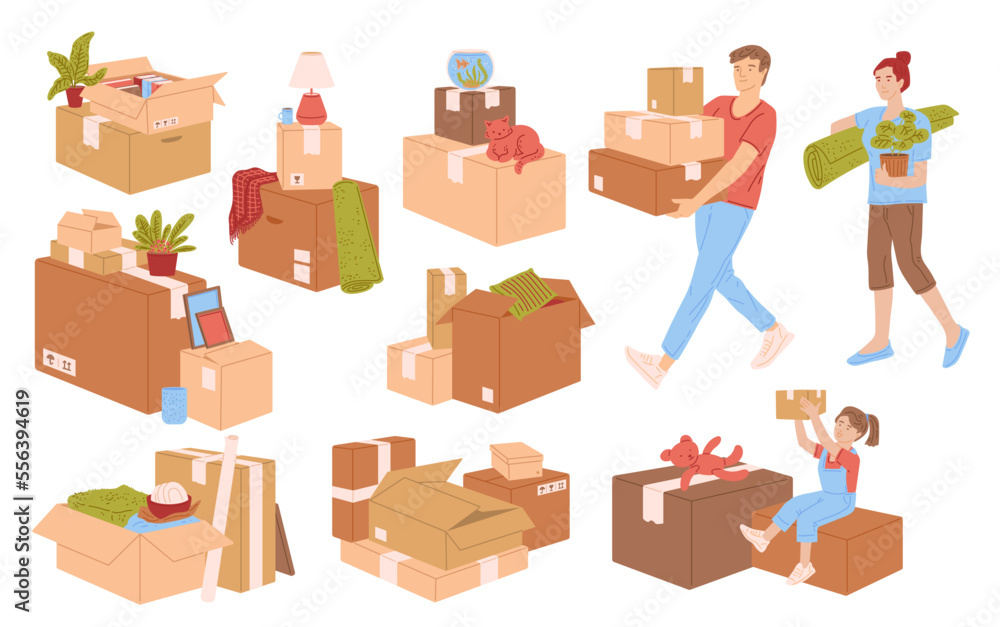 Moving to a new home set of elements and characters, flat vector isolated. Moving to a new home set of elements and characters, flat vector isolated.