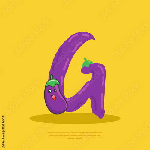 Letter G with cute eggplant sitting beside it. flat design vector