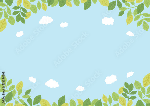 爽やかな青空と葉っぱの背景イラスト