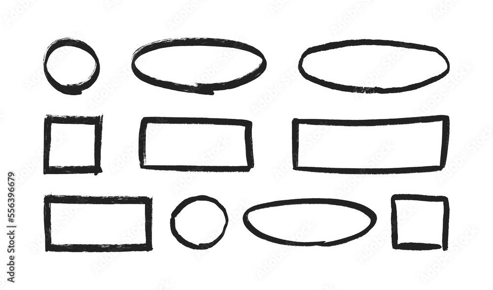 Grunge hand drawn circles, rectangles and ovals. Collection of textured highlight circle and square frames. Doodle circular borders for bullet journal design. Vector illustrations on white background. Grunge hand drawn circles, rectangles and ovals. Collection of textured highlight circle and square frames. Doodle circular borders for bullet journal design. Vector illustrations on white background.