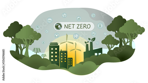 Net zero and carbon neutral concept. Net zero greenhouse gas emissions target. Climate neutral long term strategy with net zero icon on green eco city background.