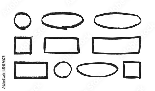 Grunge hand drawn circles, rectangles and ovals. Collection of textured highlight circle and square frames. Doodle circular borders for bullet journal design. Vector illustrations on white background.