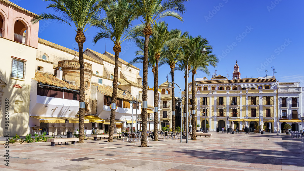 Town square of Ecija on a sunny day with blue sky and heat in the air.