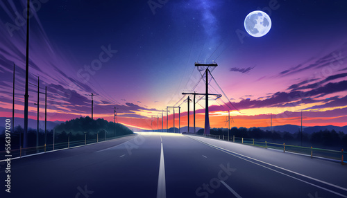 Drawing of the night road. A beautiful sky with the moon and stars. Power transmission towers. The road into the distance.