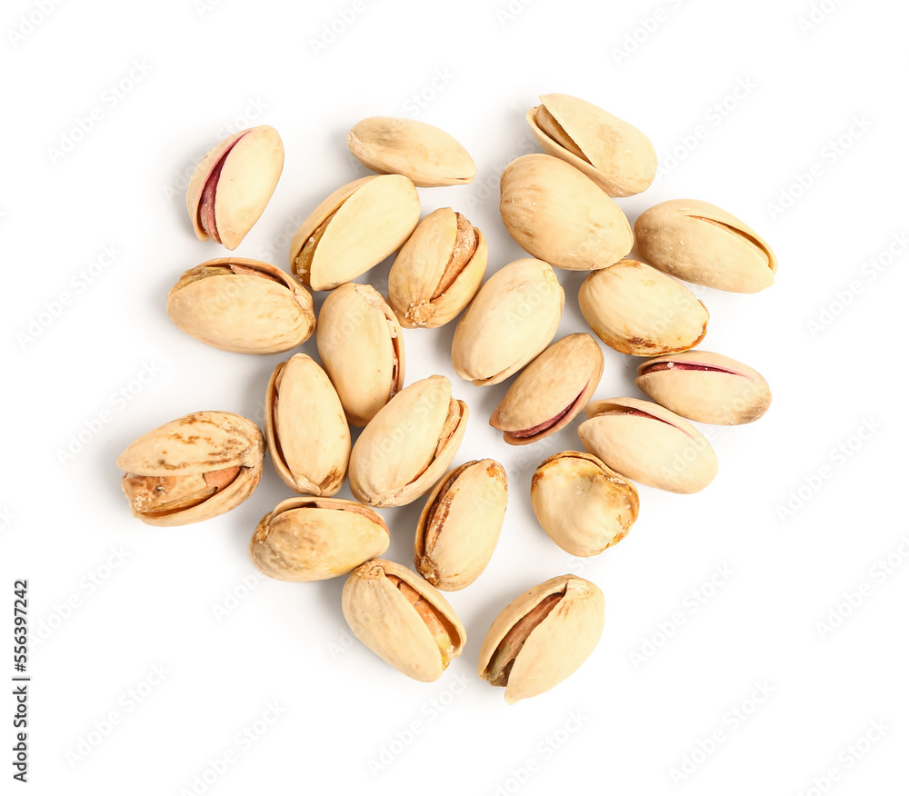 Tasty pistachio nuts isolated on white background