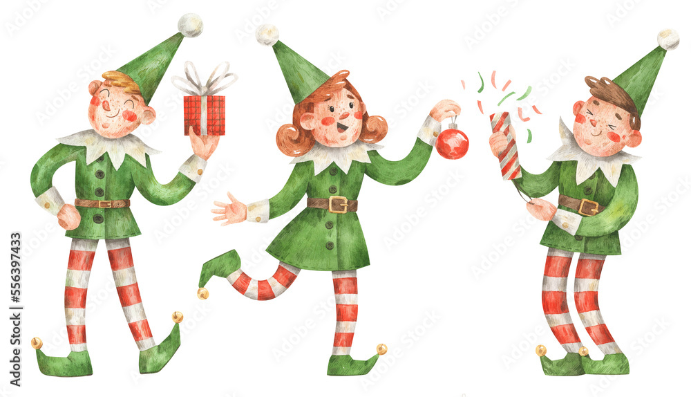 Watercolor Christmas and New Year elves. Hand-drawn elves with gift, Christmas tree toy, cracker. Christmas greeting card. Happy Christmas elf. 