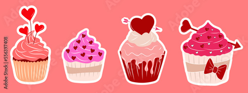 Set of four Valentine's Day cupcake icon with flat style heart isolated on white background. Love Concept. Vector illustration.