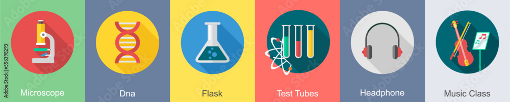 A set of 6 Education icons as microscope, dna, flask A set of 6 Education icons as microscope, dna, flask