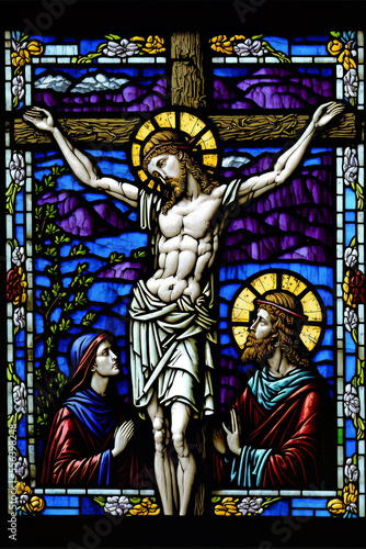 The crucifixion as a stained glass window - Created with generative AI technology
