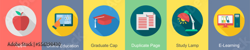 A set of 6 Education icons as apple, online education, graduate cap