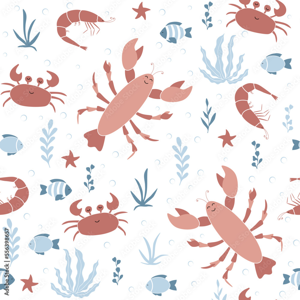 Obraz premium Cartoon lobsters, shrimps, with algae and starfish. Marine seamless pattern