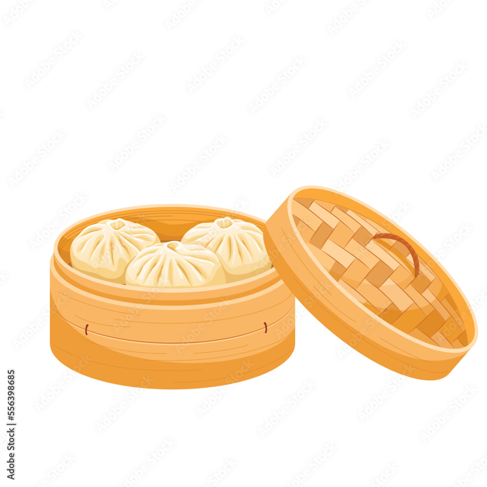 Vetor de Chinese steamed pork bun dim sum on a bamboo tray, vector