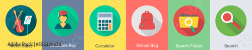 A set of 6 Education icons as music class, graduate boy, calculator