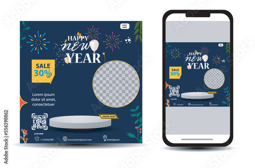 social media post template for new year promotion advertisement with mobile phone mockup and podium for product display