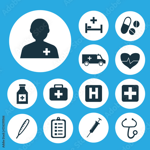 Drug icons set with stings, infirmary, brougham and other beating elements. Isolated vector illustration drug icons.
