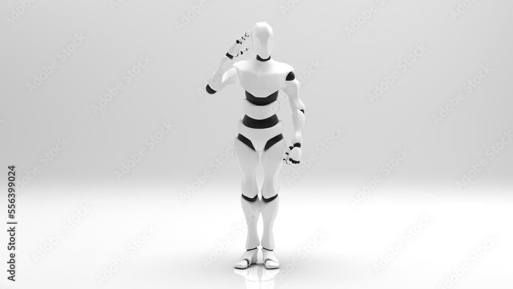 Fototapeta premium Detailed appearance of the white-black AI robot under white background. Concept 3D CG of automatic operation, optimization and block chain.