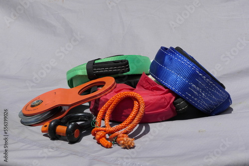 Off-road recovery equipment, snatch block, tree trunk protector, winch extension strap, snatch strap, bow and soft shackles