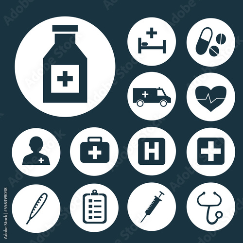 Drug icons set with stings, infirmary, brougham and other beating elements. Isolated vector illustration drug icons.
