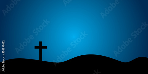 Christian cross on dark blue background. Concept of faith symbol, Christianity, Christian Easter, Eternal life of soul, Gate to heaven, Holy cross for Easter day and Ascension day. paper cut style.