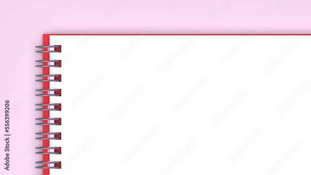 White paper notepad with red cover and silver spiral ring under pink lighting background. Concept 3D CG of business reporting, communication and consultation. White paper notepad with red cover and silver spiral ring under pink lighting background. Concept 3D CG of business reporting, communication and consultation.