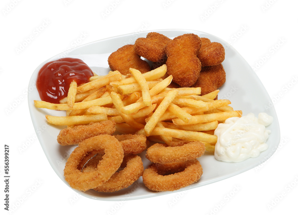 mixed fries plate, onion rings, nuggets and potatoes mixed fries plate, onion rings, nuggets and potatoes