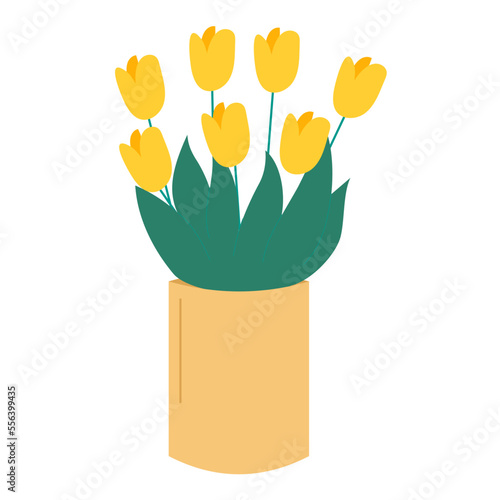 A bouquet of yellow tulips in a pot. Vector stock illustration isolated on white background