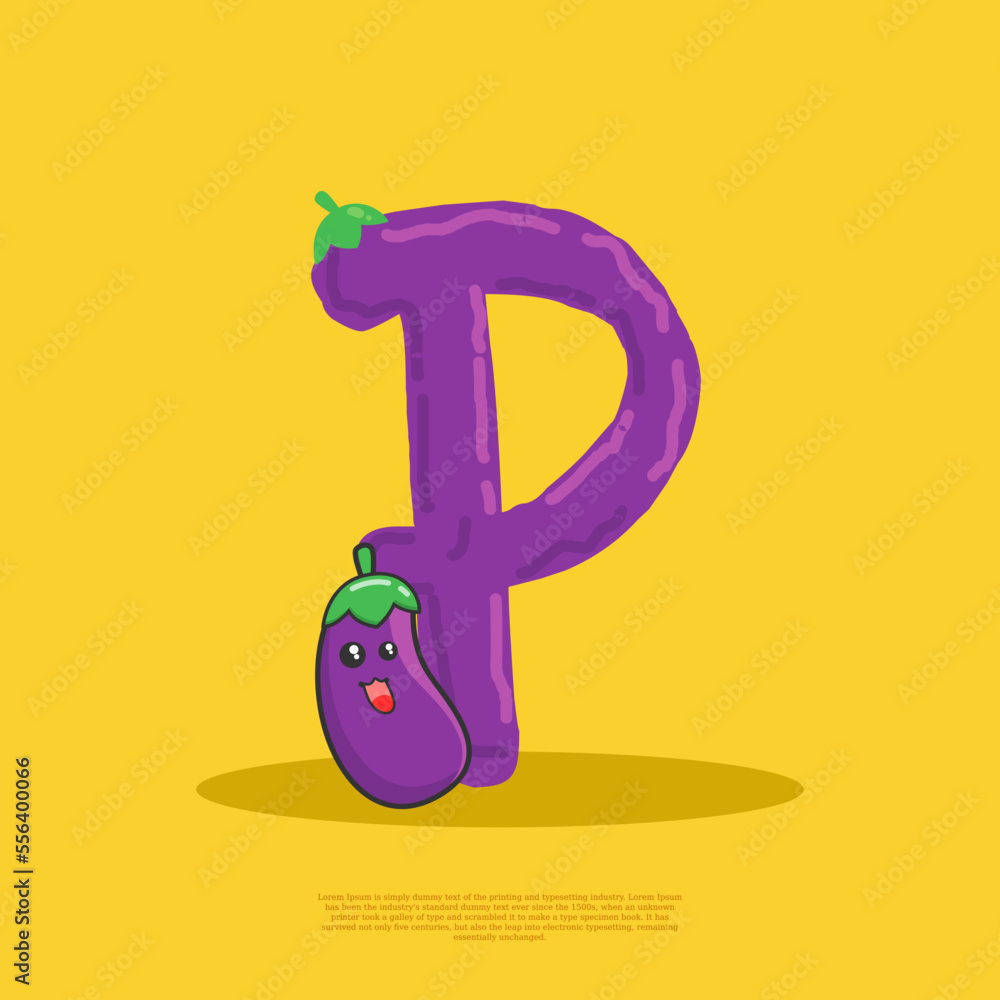 Letter P with cute eggplant sitting beside it. flat design vector Letter P with cute eggplant sitting beside it. flat design vector