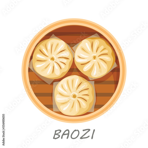 Dim sum, traditional Chinese dumplings, in bamboo steamer basket. View from above. Asian food vector illustration.