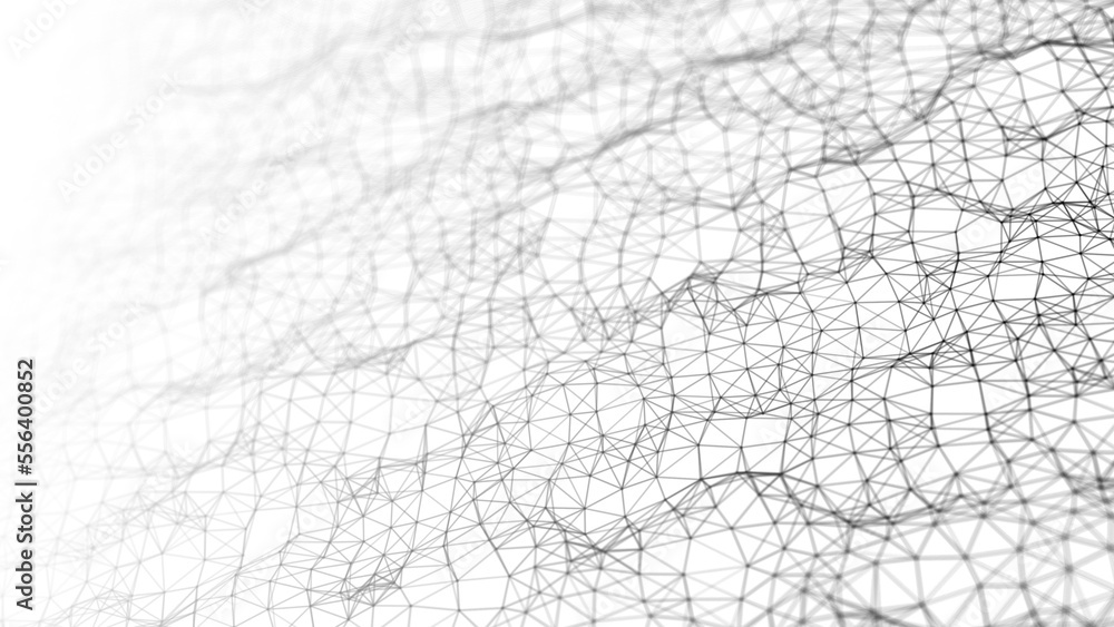 Wave of particles on a white background. Abstract interlaced lines and dots. Digital connection of elements. Imitation of waves. 3d rendering.