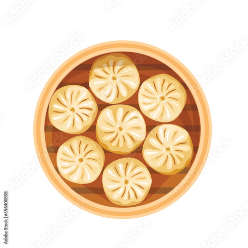 Dim sum, traditional Chinese dumplings, in bamboo steamer basket. View from above. Asian food vector illustration.