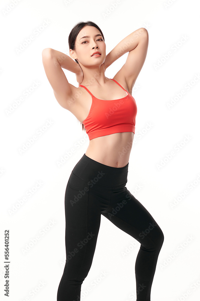 Beautiful young asian sport woman with sportswear ready for exercise on white background, Advertising sportswear and yoga wear, Healthy lifestyle, sport. Beautiful young asian sport woman with sportswear ready for exercise on white background, Advertising sportswear and yoga wear, Healthy lifestyle, sport.