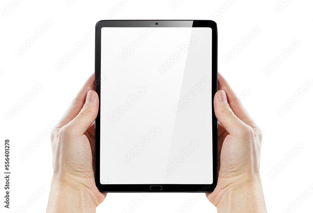 Hands holding black tablet, isolated on white background Hands holding black tablet, isolated on white background