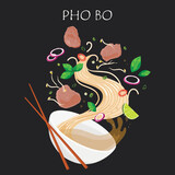 Pho Bo. Vietnamese Pho, rice noodle soup with sliced rare beef. Vector illustration