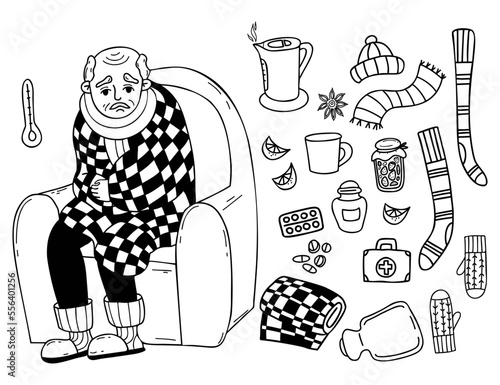 Collection doodles sickness and cold. Sick old pensioner, wrapped in blanket, sits in chair. Nearby are pills, heating pad, warm socks, scarf, jam and hot kettle. Vector isolated linear drawings