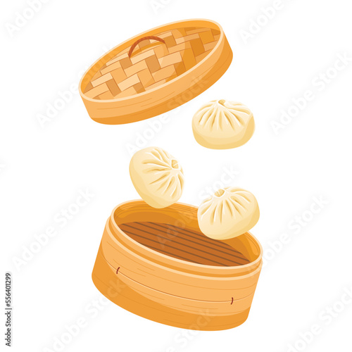 Dim sum, traditional Chinese dumplings Falling Bamboo Steamer. Dragon Boat Festival Concept or lunar new year. Vector illustration