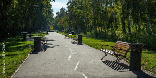 Wooden benches in the park. City park architecture. © Prikhodko