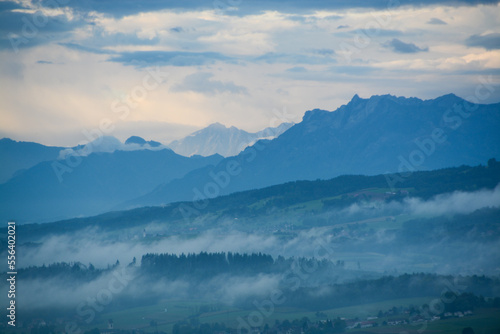 Amazing shades of grey and blue of mountain panorama, with cloudy sky, Swiss Alps, Switzerland