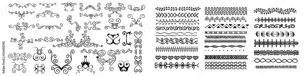 Big set of intage styled calligraphic flourishes and swashes. Collection or set of handdrawn ornate elements. Flourishes and frames made in vector
