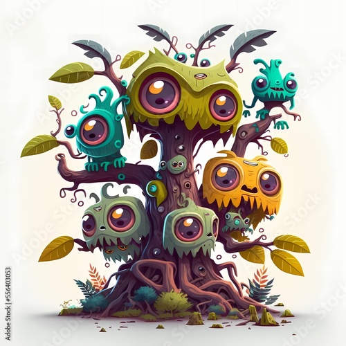 Cartoon Fantasy Tree Forest Monster Standing Wood Body Painting and Leaf Headed Wood Monster fairy tale character Very Cool Can Be Used For Various Kinds Of Printables