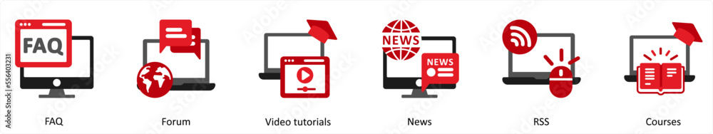 Six Technology Red and Black icons as faq, forum, video tutorials Six Technology Red and Black icons as faq, forum, video tutorials