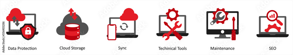 Six Technology Red and Black icons as data protection, cloud storage, sync