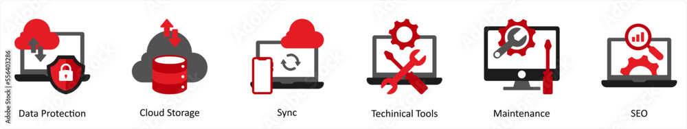 Six Technology Red and Black icons as data protection, cloud storage, sync Six Technology Red and Black icons as data protection, cloud storage, sync