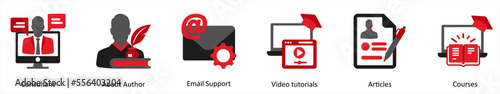 Six Customer Support Red and Black Icons as consultant, about author, email support