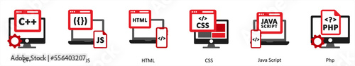 Six Technology Red and Black icons as c++, js, html