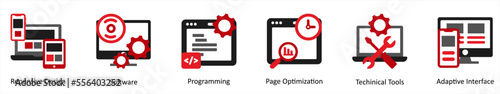 Six Technology Red and Black icons as responsive design, software, programming photo