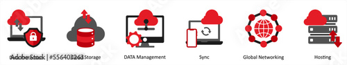 Six Technology Red and Black icons as data protection, cloud storage, data management