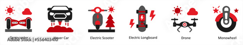Six Technology Red and Black icons as gyroscooter, hover car, electric scooter