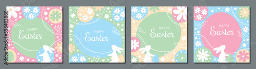 happy easter card set, pastel templates with bunny and flowers