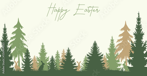 Happy Easter Background Banner with brown rabbits in green forest with fir and grass for ecological and nature spring promotion, newsletter header or web banner